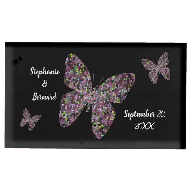 Butterfly Modern Mosaic Pattern Wedding Reception Place Card Holder (Front)