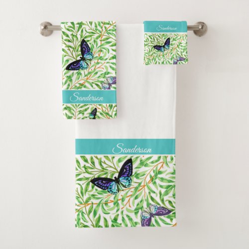 Butterfly Modern Stylish Navy Blue  Monogram Bath Towel Set