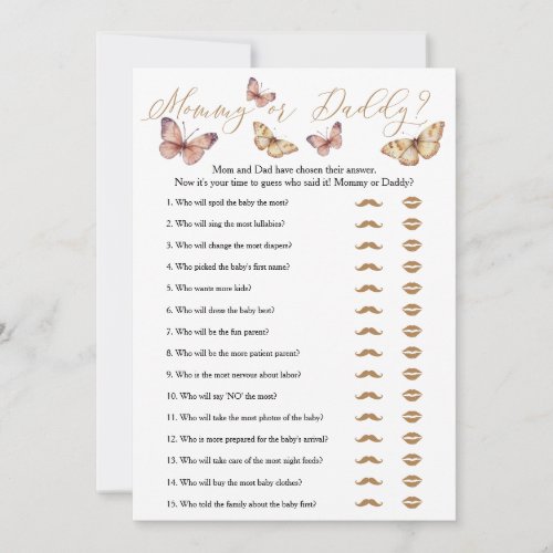 Butterfly Mommy or Daddy Baby Shower Game Card