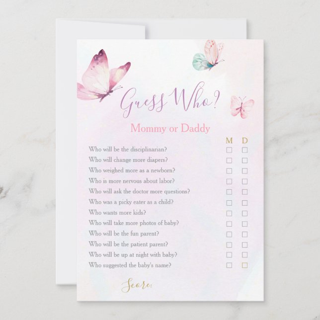 Butterfly Mommy or Daddy Baby Shower game Invitation (Front)