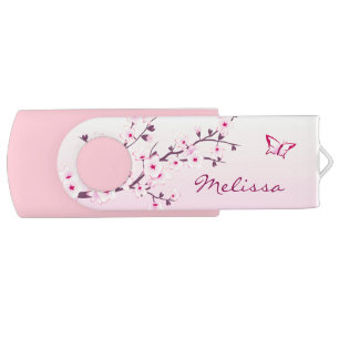 Butterfly Monogram Cherry Blossoms Pink Flash Drive