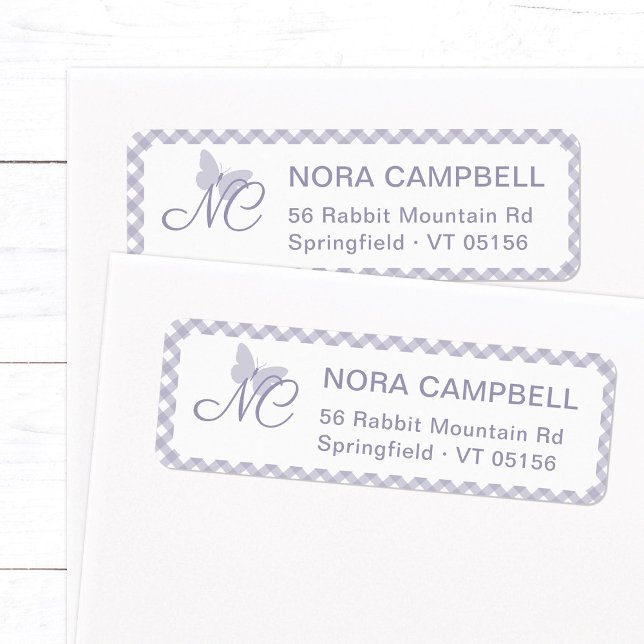 Butterfly Monogram Lavender Gingham Return Address Label (Elegant butterfly monogram return address label in lavender with a gingham plaid background.)