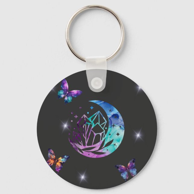 Butterfly, Moon, and Crystals Keychain (Front)
