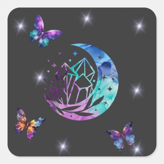 Butterfly, Moon, and Crystals Square Sticker (Front)