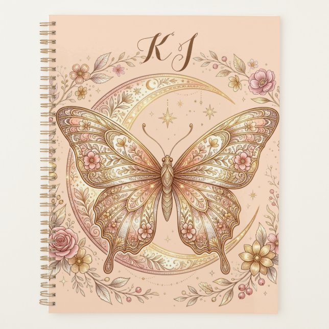 Butterfly Moon Floral Gold Personalized Design Planner (Front)