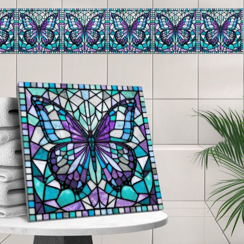Butterfly Mosaic _ Aquamarine Amethyst Ceramic Tile
