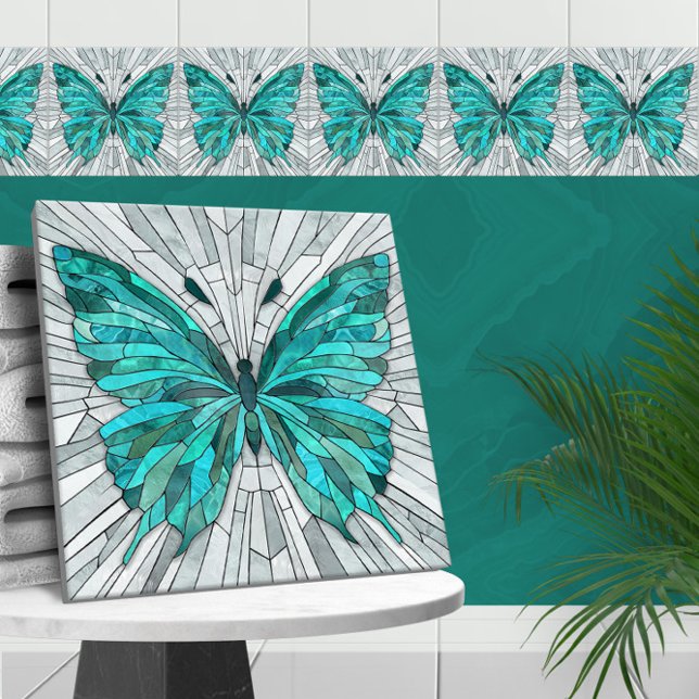 Butterfly Mosaic -Emerald Green and Grey Ceramic Tile (Creator Uploaded)