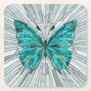 Butterfly Mosaic -Emerald Green and Grey Square Paper Coaster