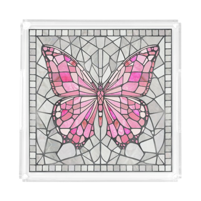 Butterfly Mosaic - Fairy Tale Pink and grey Acrylic Tray (Front)