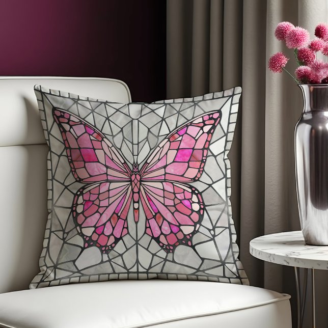 Butterfly Mosaic - Fairy Tale Pink and grey Throw Pillow (Creator Uploaded)