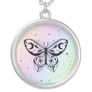 *~* Butterfly Moth Magic Boho Universe Rainbow Silver Plated Necklace