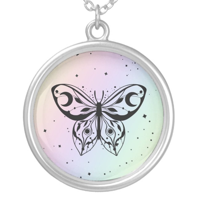 *~* Butterfly Moth Magic Boho Universe Rainbow Silver Plated Necklace (Front)