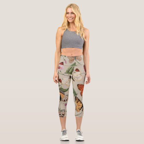 Butterfly Moth Nature Collection Drawing Capri Leggings