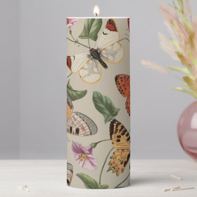 Butterfly Moth Nature Collection Drawing Pillar Candle (In Situ)