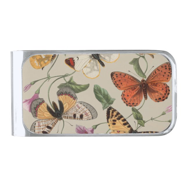 Butterfly Moth Nature Collection Drawing Silver Finish Money Clip (Front)