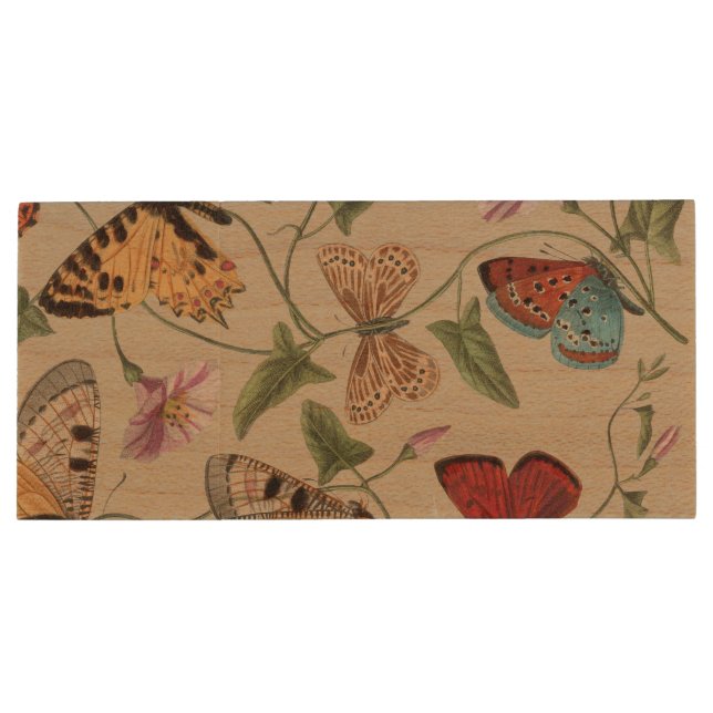 Butterfly Moth Nature Collection Drawing Wood Flash Drive (Back)