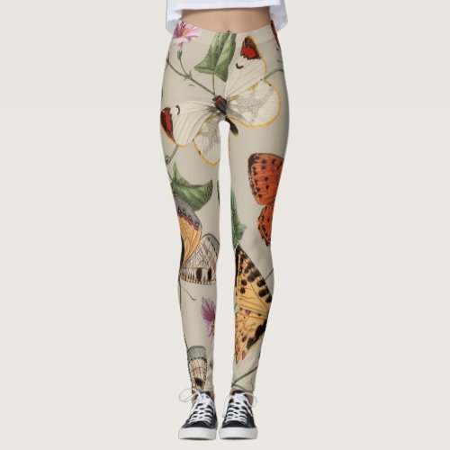 Butterfly Moth Nature Drawing antique watercolor  Leggings