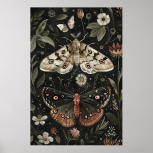 Butterfly Moth Print, Dark Floral Botanical Art Poster