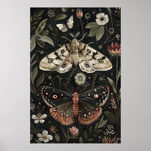 Butterfly Moth Print, Dark Floral Botanical Art Poster (Front)