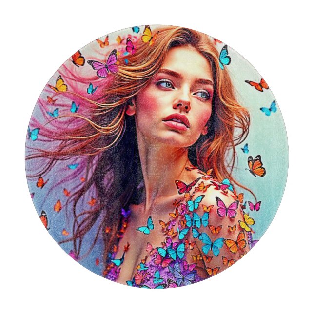 Butterfly Muse Portrait Art T-Shirt Cutting Board (Front)