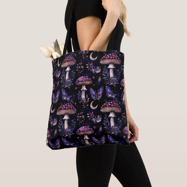 Butterfly Mushroom Floral Dark Witchy Celestial Tote Bag (Close Up)