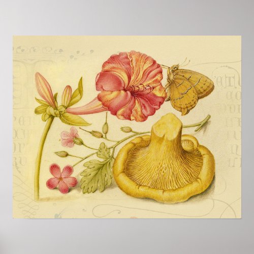 Butterfly Mushroom Flower Watercolor Painting Poster