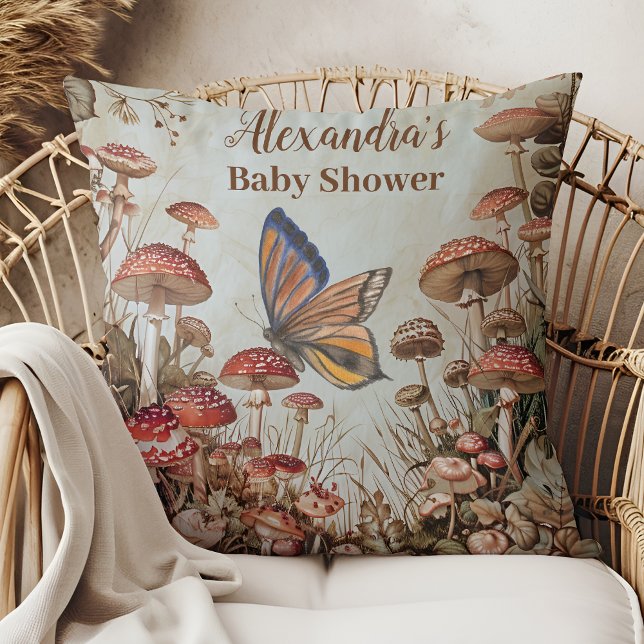 Butterfly Mushroom Woodland Nature Baby Shower Throw Pillow (Creator Uploaded)