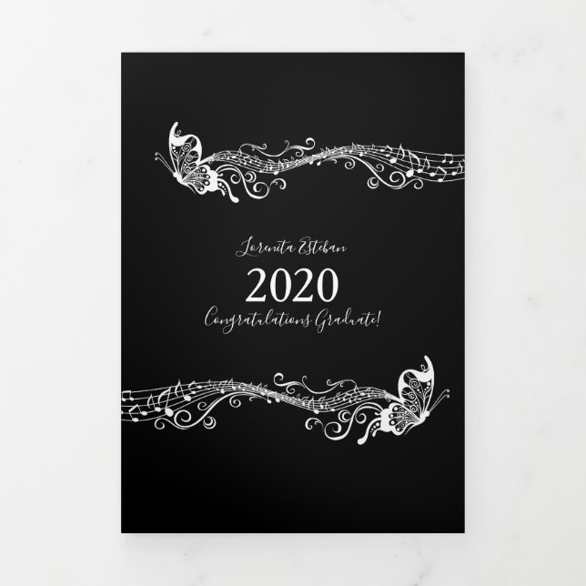 Butterfly Music Graduation Three Photos Tri-Fold Announcement (Cover)