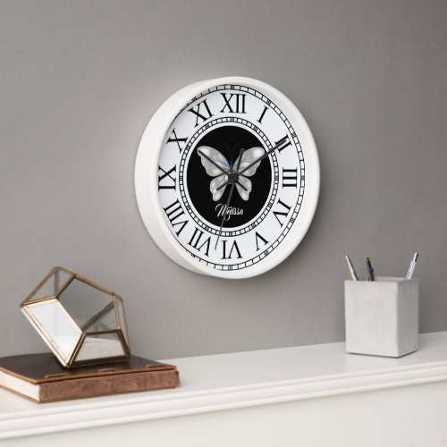 Butterfly name black white modern ROMAN numerals Clock