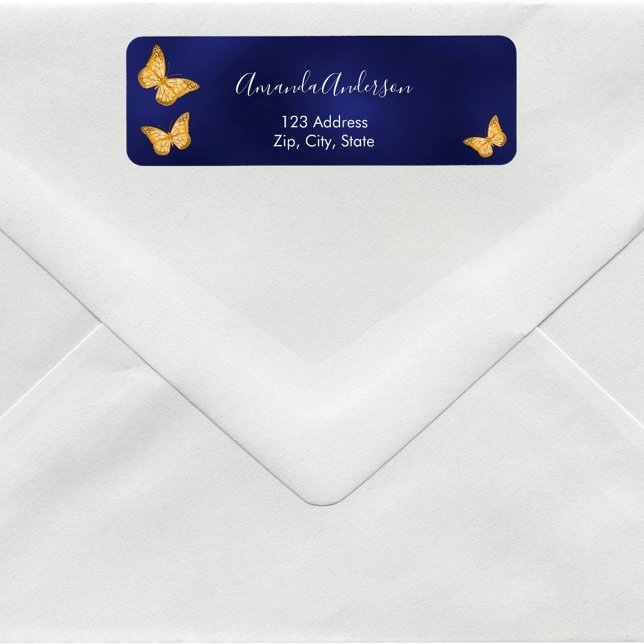 Butterfly navy blue gold return address label (Creator Uploaded)