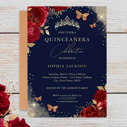 Butterfly Navy Red Rose Gold Tiara Quinceanera  Foil Invitation