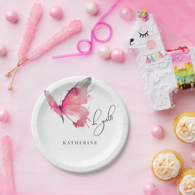 Butterfly Oh Girl Custom White Baby Shower  Paper Plates (Party)