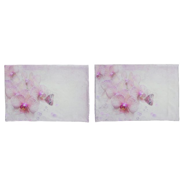 Butterfly On a Pink Orchid Blossom With Bubbles Pillow Case (Front-Set)