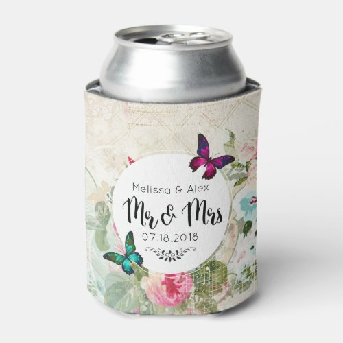 Butterfly on a Shabby Vintage Collage Mr and Mrs Can Cooler