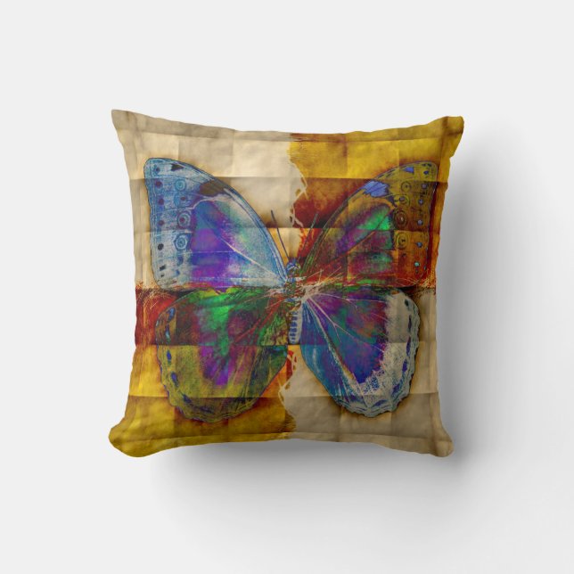 Butterfly on Antique Checkered Pattern Throw Pillow (Front)