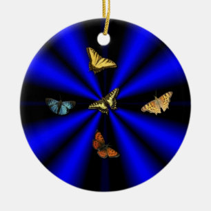 Butterfly on black and blue rainbow ceramic ornament