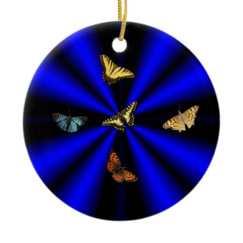 Butterfly on black and blue rainbow ceramic ornament