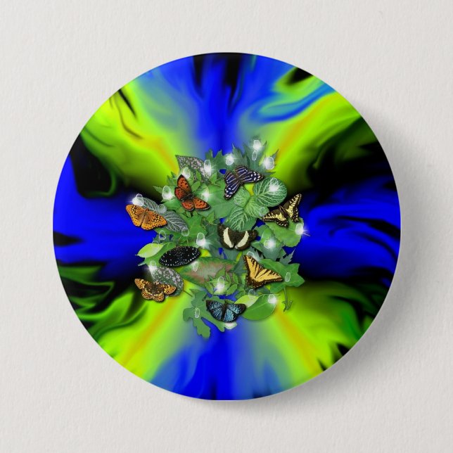 Butterfly on blue green Rainbow with stars, drops Button (Front)