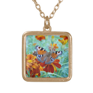 Butterfly On Colorful Flowers Gold Plated Necklace