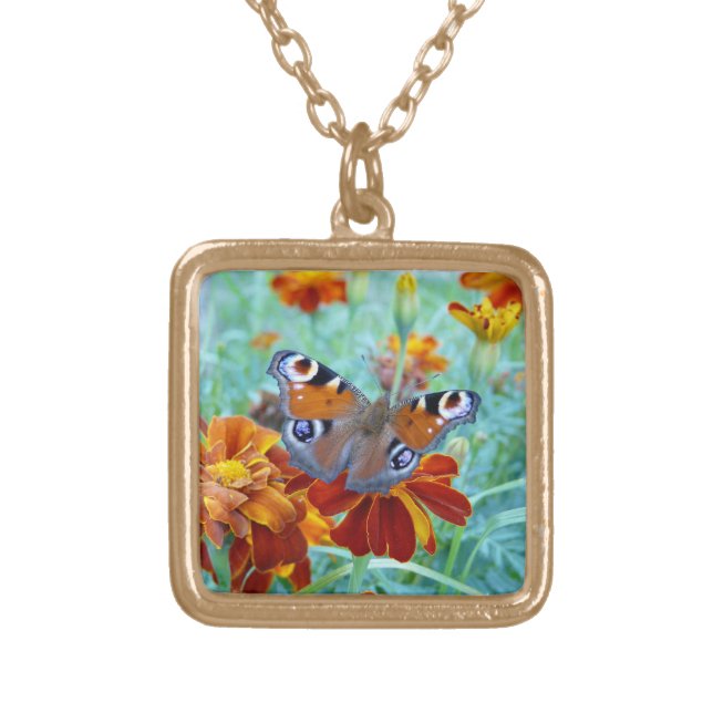 Butterfly On Colorful Flowers Gold Plated Necklace (Front)