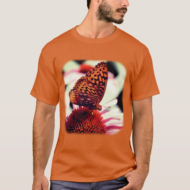 Butterfly On Coneflower Nature  T-Shirt (Front)