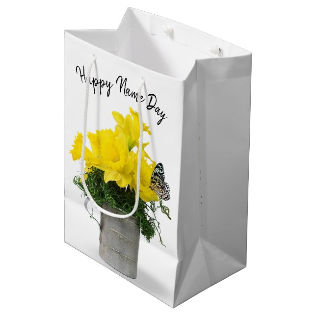 Butterfly On Daffodil Bouquet Name Day Medium Gift Bag (Front Angled)