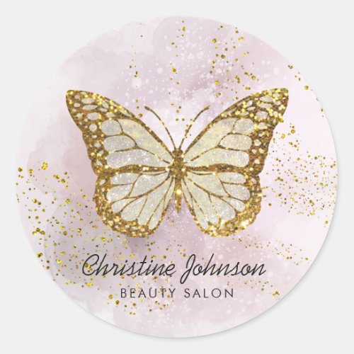 butterfly on FAUX glitter watercolor design Classic Round Sticker