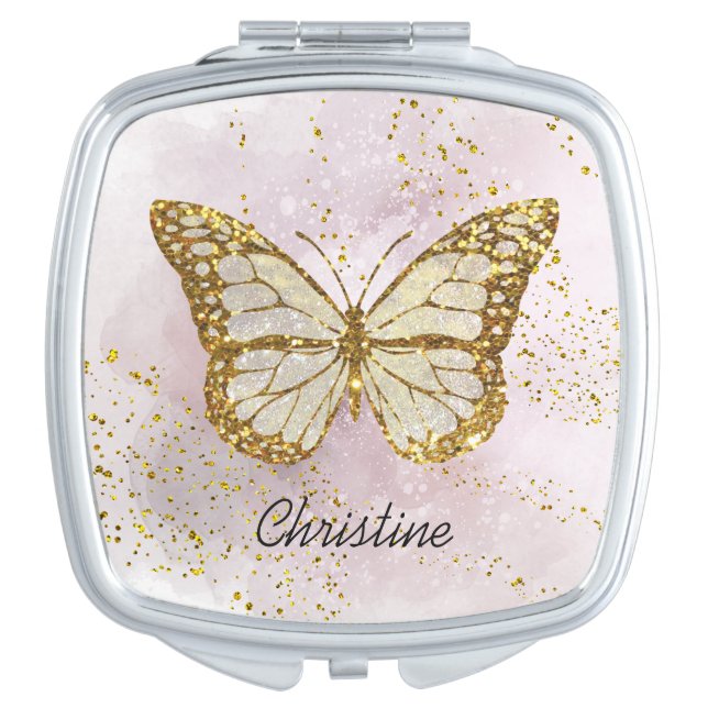 butterfly on FAUX glitter watercolor design Compact Mirror (Front)