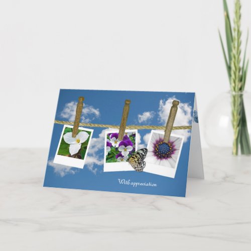 butterfly on floral photos on clothesline thank you card