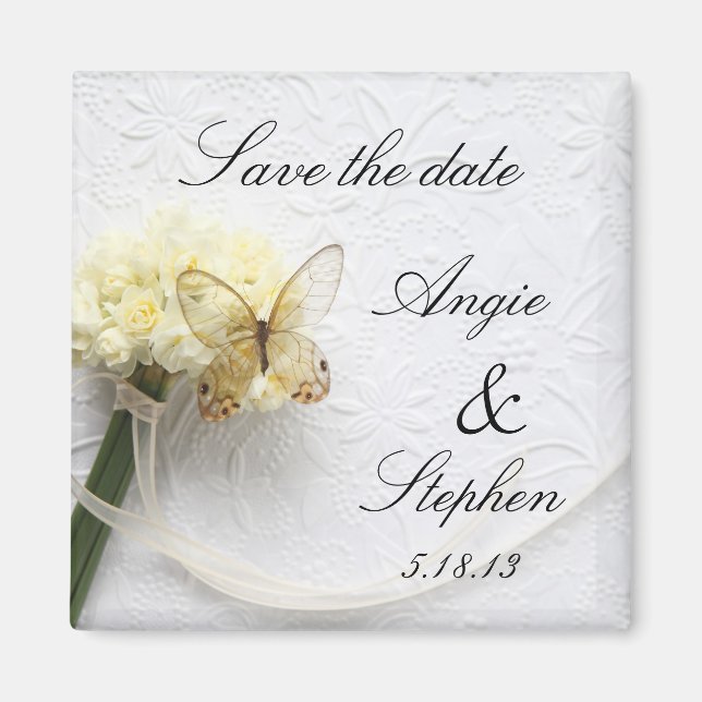 butterfly on flower bouquet save the date magnet (Front)