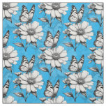 Butterfly On Flower Pattern Blue Design   Fabric