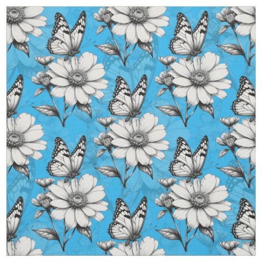 Butterfly On Flower Pattern Blue Design   Fabric