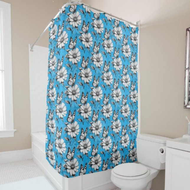 Butterfly On Flower Pattern Blue Design   Shower Curtain (Creator Uploaded)