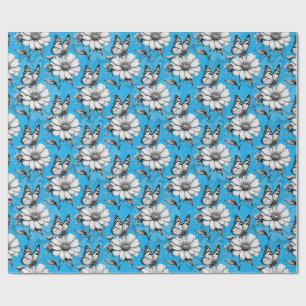 Butterfly On Flower Pattern Blue Design   Wrapping Paper
